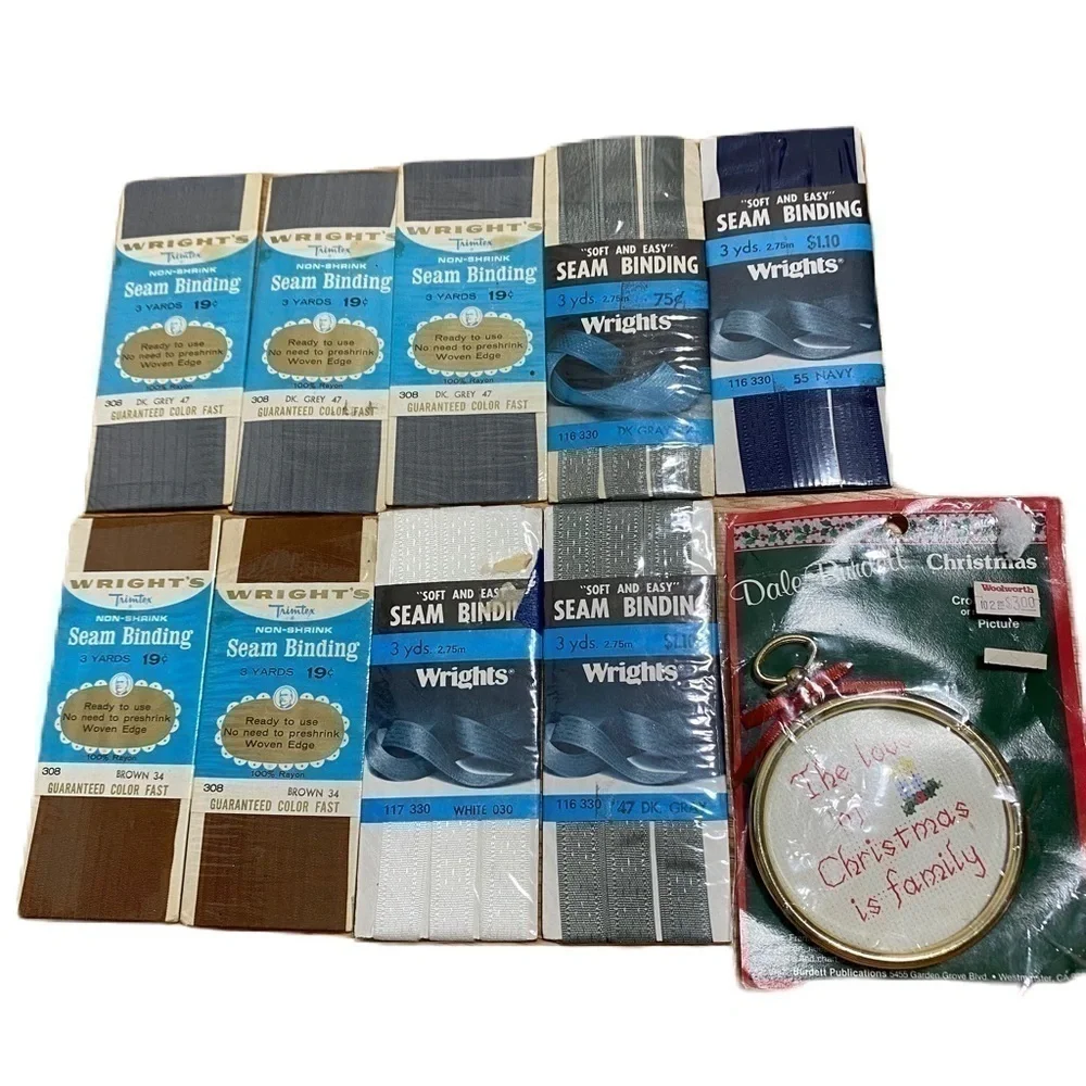 Vintage Sewing Cross Stitch Christmas Kit Bundle NEW Seam Binding Wright’s Brown